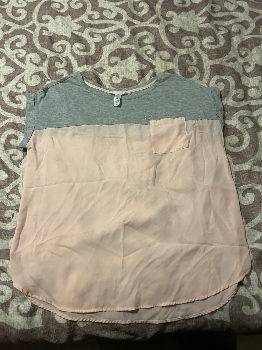 just be Grey and Blush Two-Tone Short Sleeve Blouse